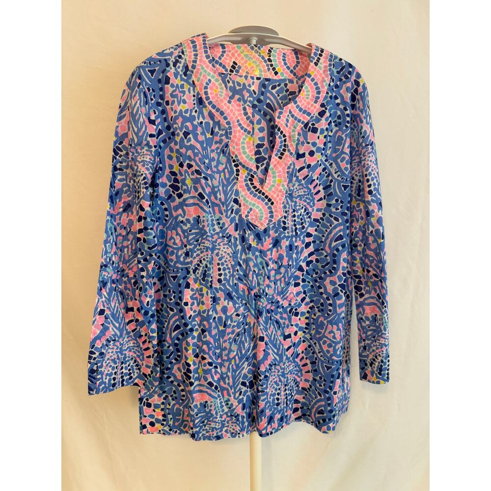 Lilly Pulitzer XS Cotton Tunic Blue Pink 3/4 Sleeve